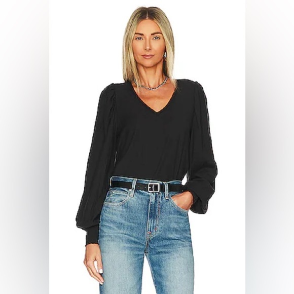 Nation LTD Tops - Nation LTD Tabitha Smocked V Neck Long Sleeve Tee Black Medium